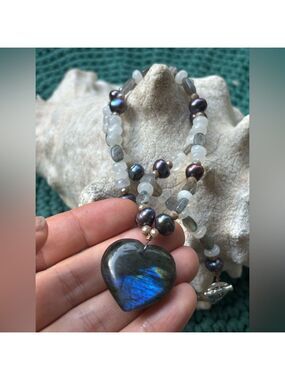 💙 Artisan Hand-Crafted Blue Labradorite Heart, Black Pearl & Moonstone Necklace